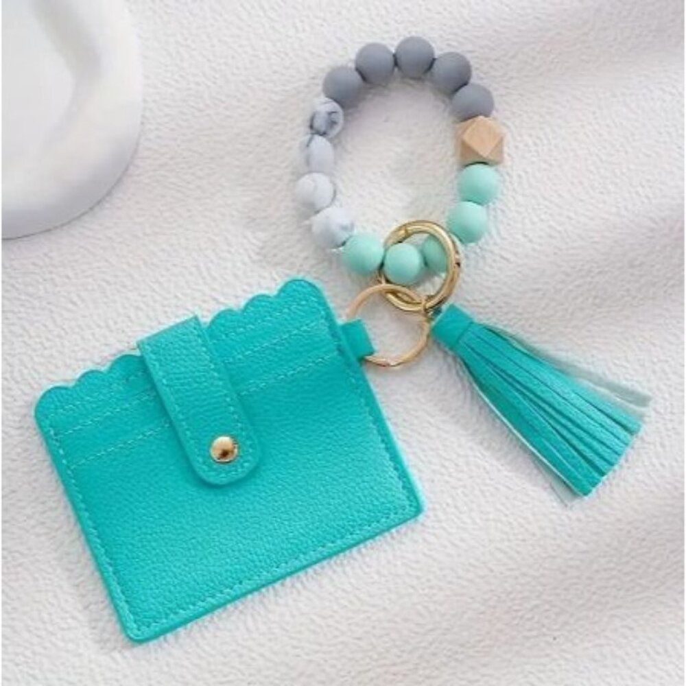 Turquoise & White Leather ID Card Holder With Beaded Tassel Keychain NEW